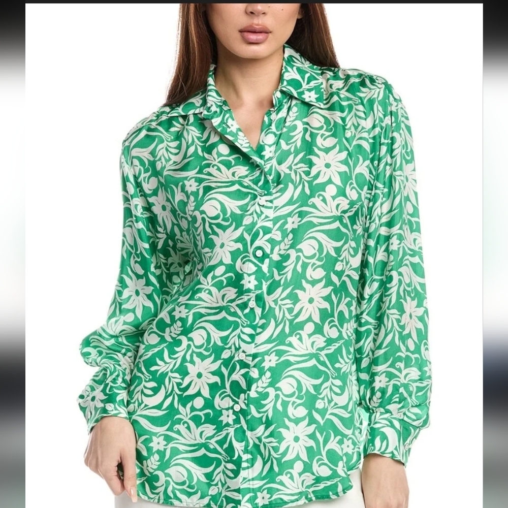 Maje Green and White Floral Button Down Shirt Size 1 (Small)
